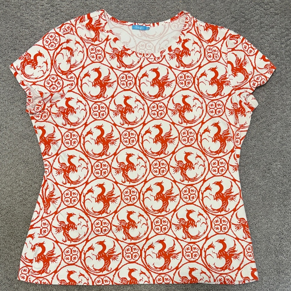 J. McLaughlin Orange and White Dragon Medallion Short Sleeve Tee  XL